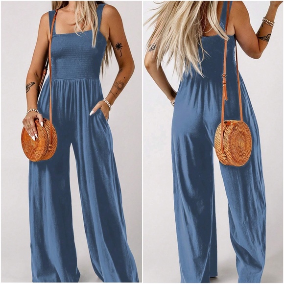 020  Boho Smocked Bodice Wide Leg Cami Jumpsuit - Picture 9 of 10